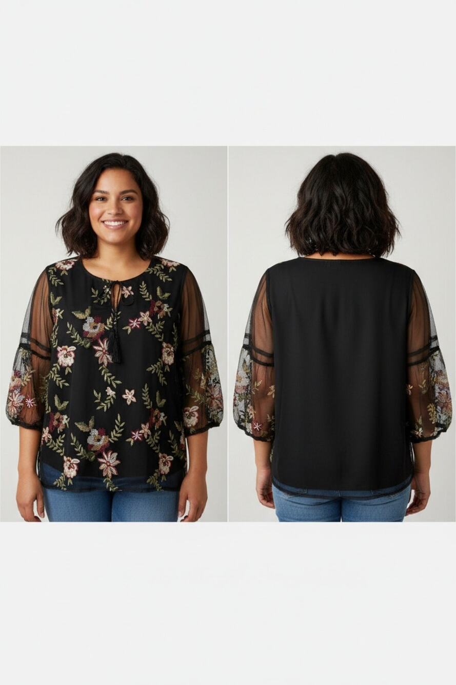 1378 - Indigo Thread Co. Embroidered Blouse - 1X - NWOT